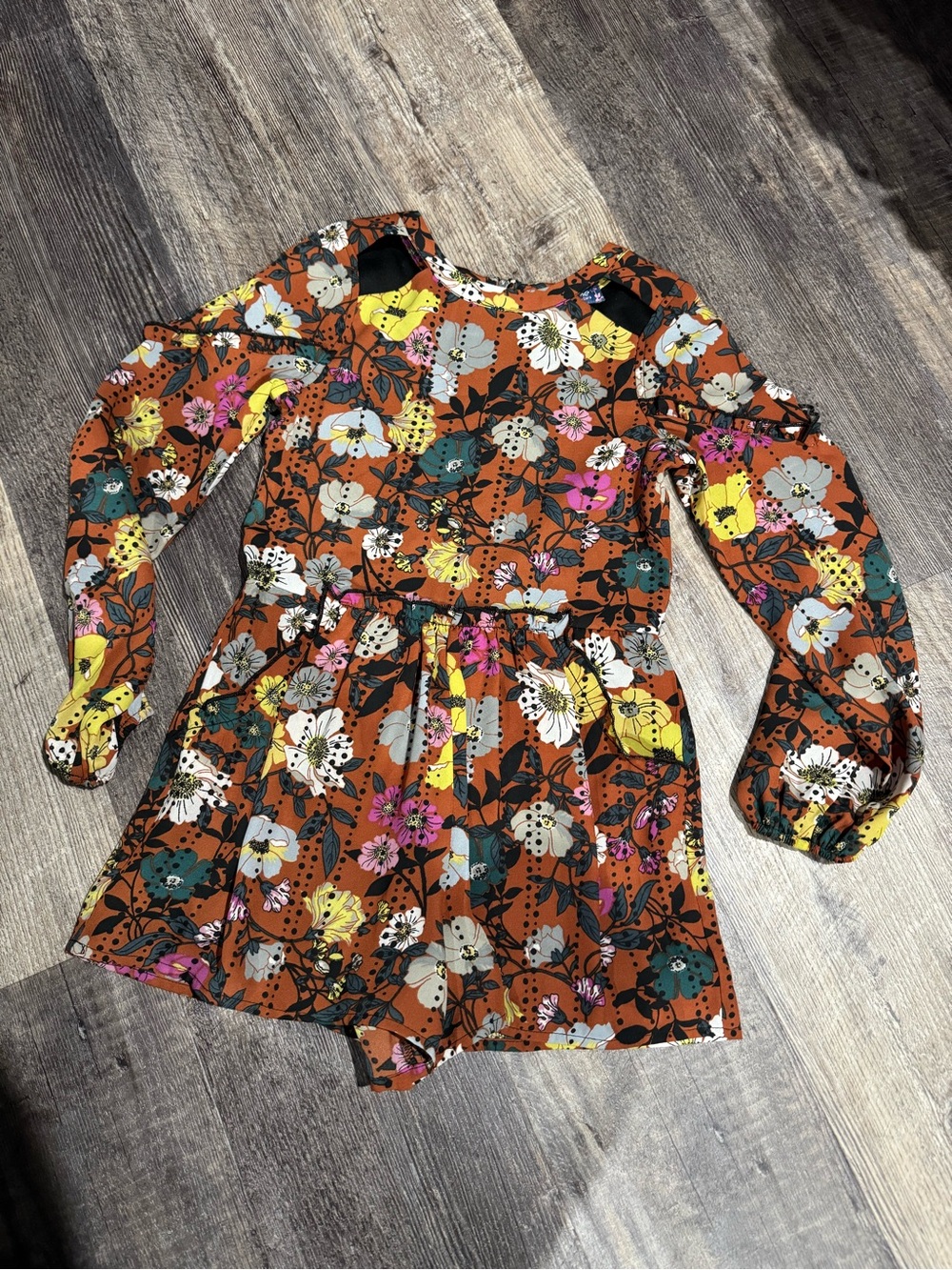 Truly Me Rust Floral Long-Sleeve Romper Dress